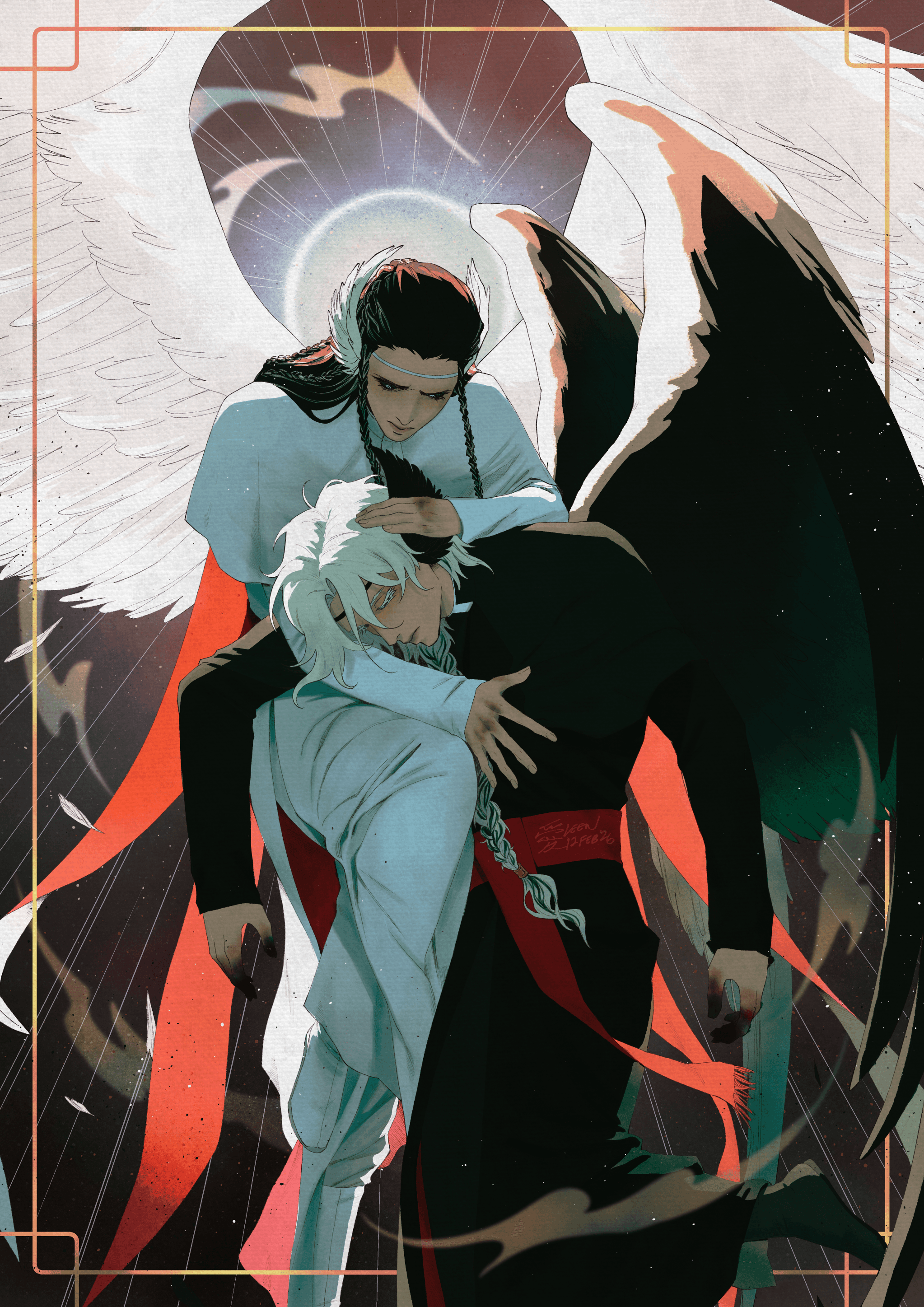 an artwork of my original characters, harper and clarion, in a pieta composition
